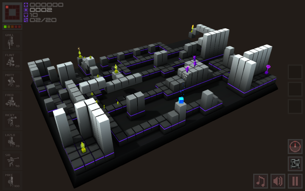 Cubemen (Windows) screenshot: A more difficult map with different bases. The blue cube is a power-up.