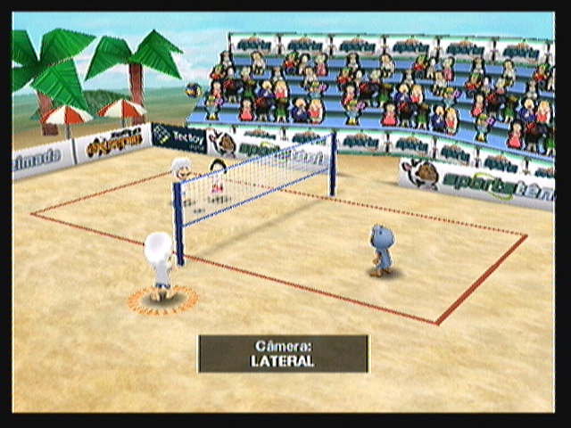 Boomerang Sports Vôlei (Zeebo) screenshot: The game offers two selectable camera angles: lateral and from behind. This is the lateral camera.
