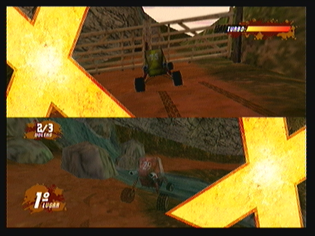 Zeebo Extreme Baja (Zeebo) screenshot: Both players crashed and are being respawned.