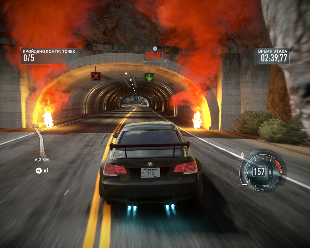 Need for Speed: The Run (Windows) screenshot: I've got one second to reach the next checkpoint. Considering it's right before me and I'm going at 157 km/h, I think I'll make it