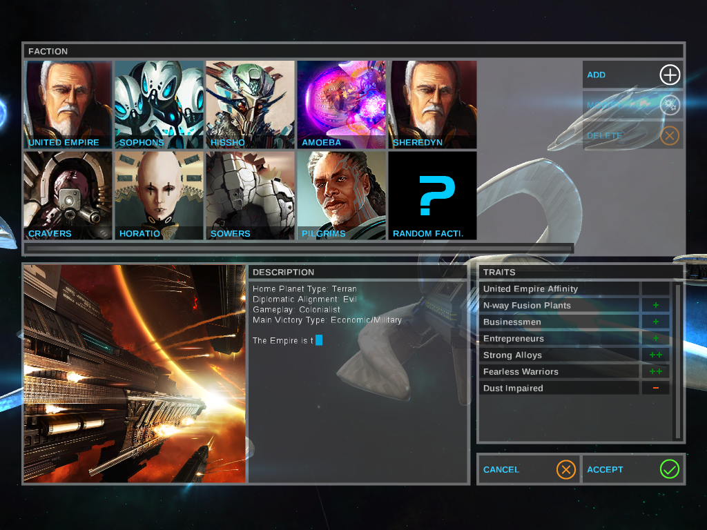 Endless Space (Windows) screenshot: Overview of the available factions