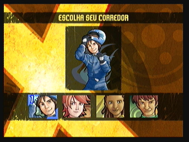 Zeebo Extreme Baja (Zeebo) screenshot: Character selection. You have 4 characters to choose from, but they're only really different in appearance. The choice doesn't affect gameplay.