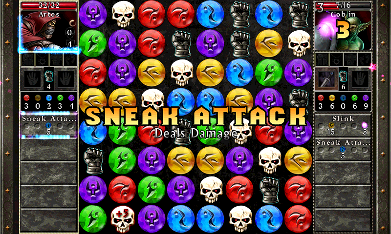 Puzzle Quest 2 (Android) screenshot: Using the sneak attack spell