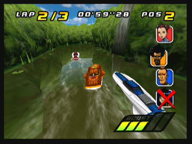 Powerboat Challenge (Zeebo) screenshot: Racing as Zed Turner at Culuá island in an eliminator event. In this kind of event the last racer to cross the line at each lap is eliminated.