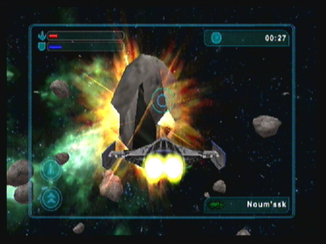 Galaxy on Fire (Zeebo) screenshot: In asteroids missions, the objective is to destroy as many asteroids as possible within the time limit.