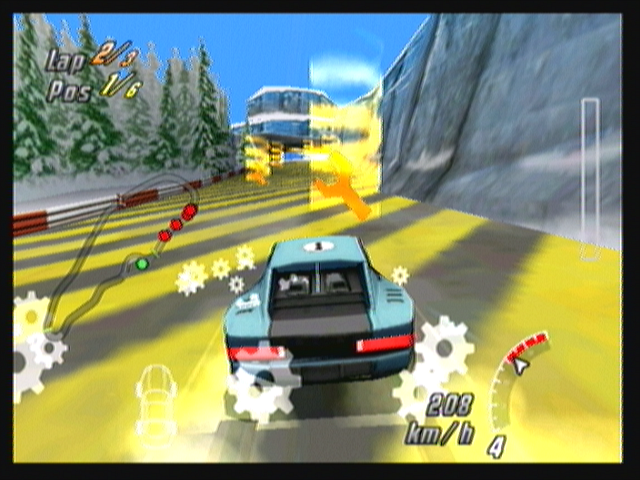Raging Thunder II (Zeebo) screenshot: Running into the repair zone fixes the damage that's been dealt to your car.