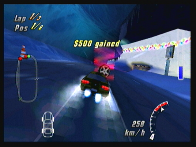 Raging Thunder II (Zeebo) screenshot: Red tire power ups gives more grip to your car.