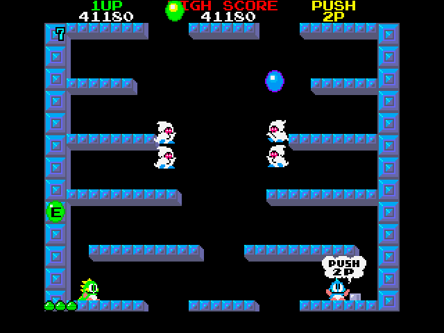 Bubble Bobble (FM Towns) screenshot: Bluish level with ghosts