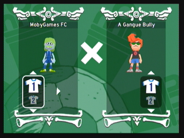 Zeebo F.C. Super League (Zeebo) screenshot: The last game in each league tournament is against a "boss team". In the first league, the team is "A Gangue Bully (The Bully Gang). Here I'm selecting which uniforms each team will use.