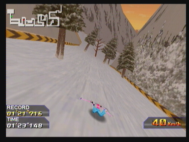 Alpine Racer (Zeebo) screenshot: Depending on the power of your character, bumping on obstacles such as trees will make you fall.