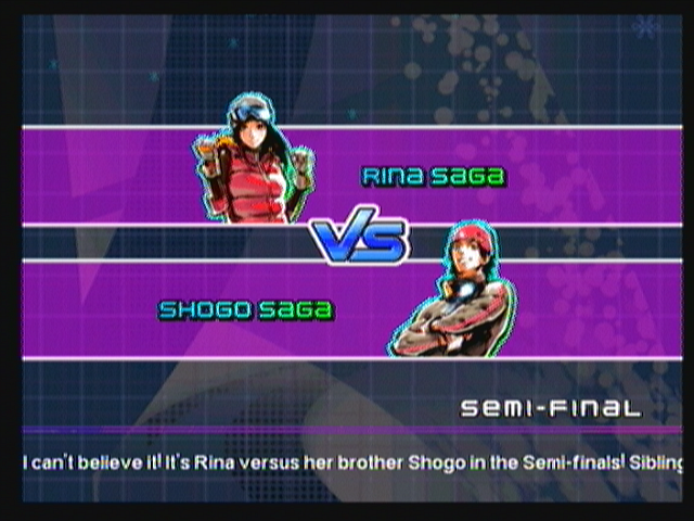 Alpine Racer (Zeebo) screenshot: The semi-finals are raced against an opponent. If you're playing with Rina or Genji, the opponent is Shogo. If your playing with Shogo, the opponent is Rina.
