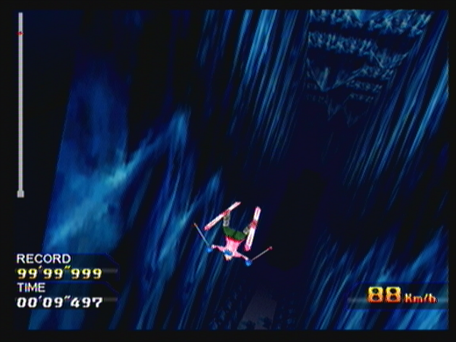 Alpine Racer (Zeebo) screenshot: Playing the unlockable track "Ice Cavern" with the last unlockable character, Chelsea Amery. During jumps it is possible to do stunts that will increase the character's speed.