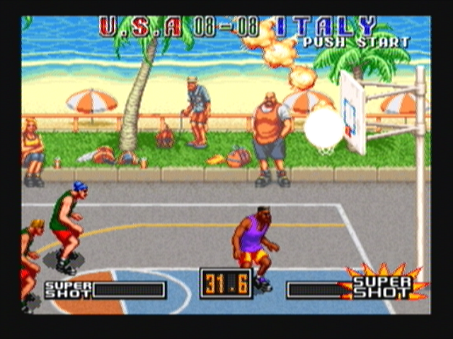 Street Slam (Zeebo) screenshot: Games take place at different courts. Here, my player performs a super shot 3 points throw.