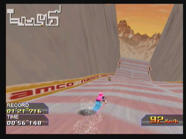 Alpine Racer (Zeebo) screenshot: Sections with red arrows are excellent to gain speed (and prepare for jumps).