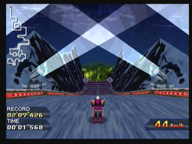 Alpine Racer (Zeebo) screenshot: Playing the last track (Spiral Night) with the first unlockable character, Genji Saga (unlocked after beating the game with Shogo and Rina).
