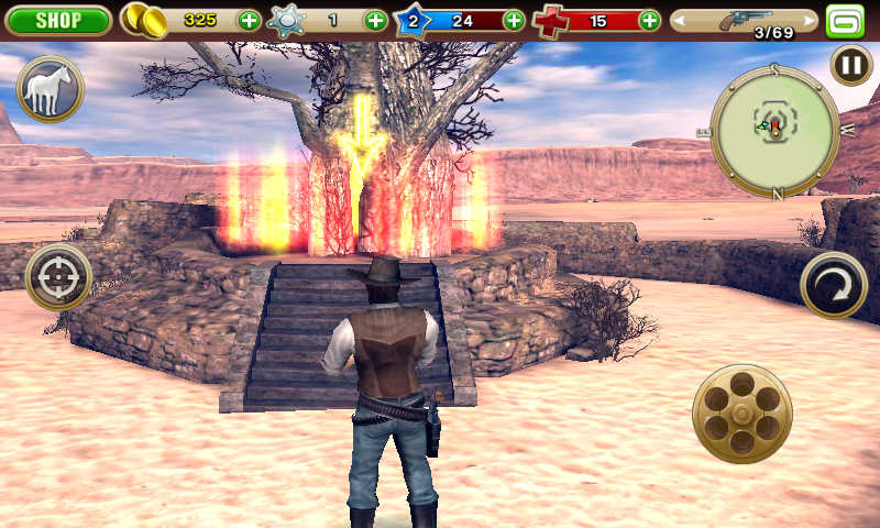 Six-Guns (Android) screenshot: Red markings shows locations of quests