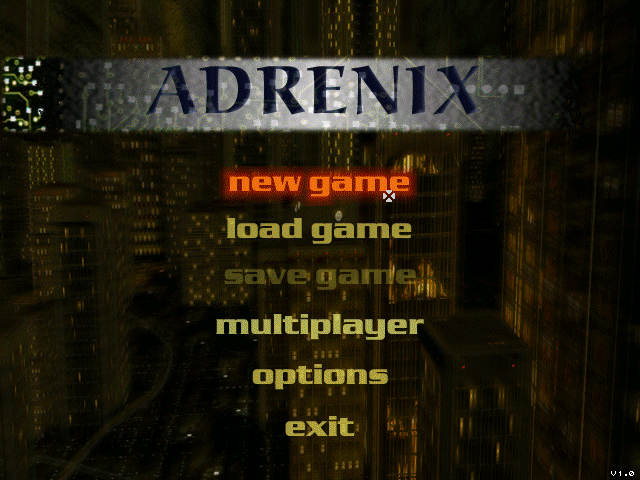 Adrenix (Windows) screenshot: Title screen / Main menu