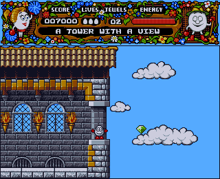 Magicland Dizzy (Amiga) screenshot: A tower with a view.