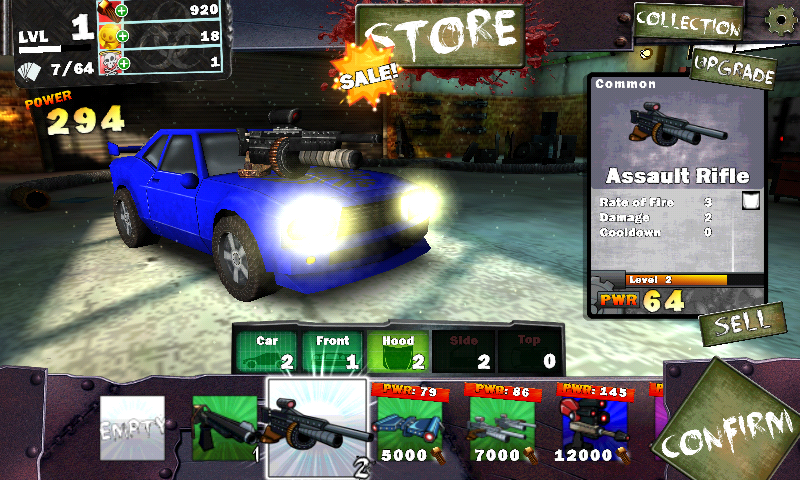 Gears & Guts (Android) screenshot: Picking equipment for the car