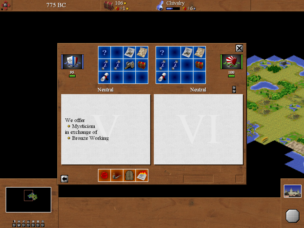 C-evo (Windows) screenshot: The AI eagerly engages in diplomatic efforts early in the game, trying to trade technologies with the player - sometimes, although not very often, to the player's benefit.