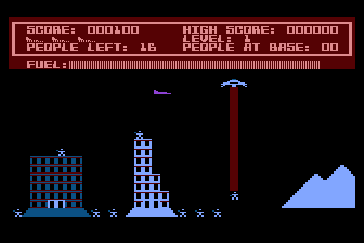 Protector (Atari 8-bit) screenshot: The aliens beam up the people and carry them away!