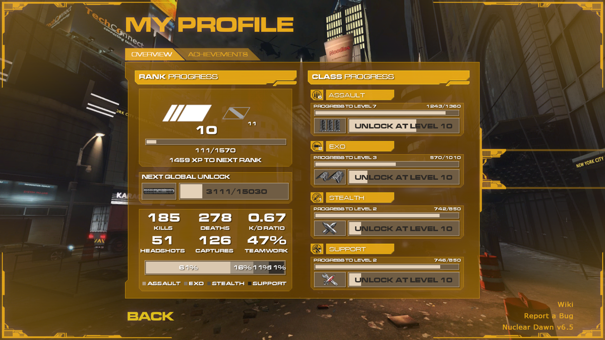 Nuclear Dawn (Windows) screenshot: My Profile, showing unlock progress