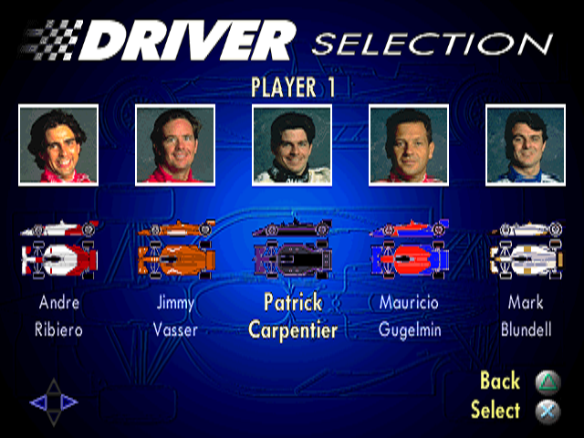 Newman Haas Racing (PlayStation) screenshot: Driver Selection.