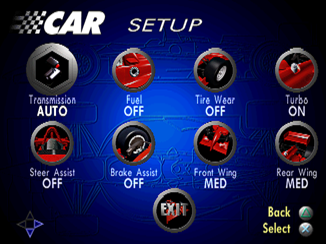 Newman Haas Racing (PlayStation) screenshot: Car Setup.