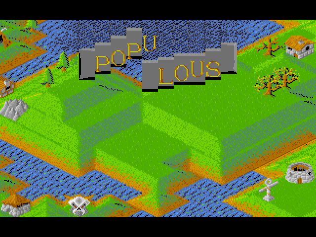 Populous / Populous: The Promised Lands (FM Towns) screenshot: The title screen bounces around