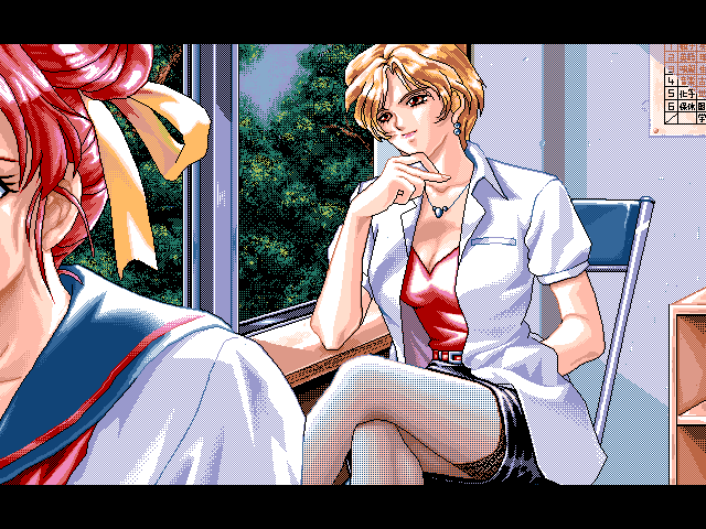 Hana no Kioku (FM Towns) screenshot: The lecherous teacher is lusting after Mei