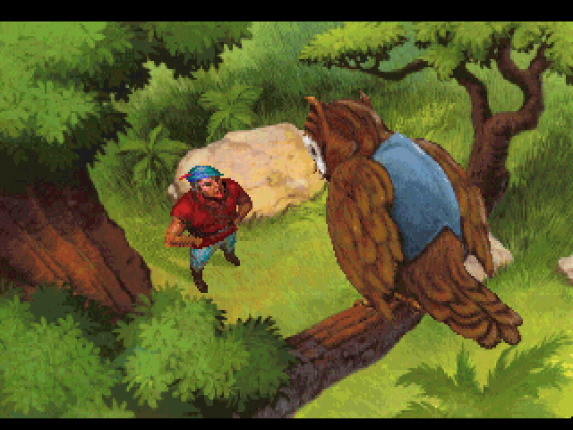 King's Quest V: Absence Makes the Heart Go Yonder! (FM Towns) screenshot: Meeting the owl Cedric