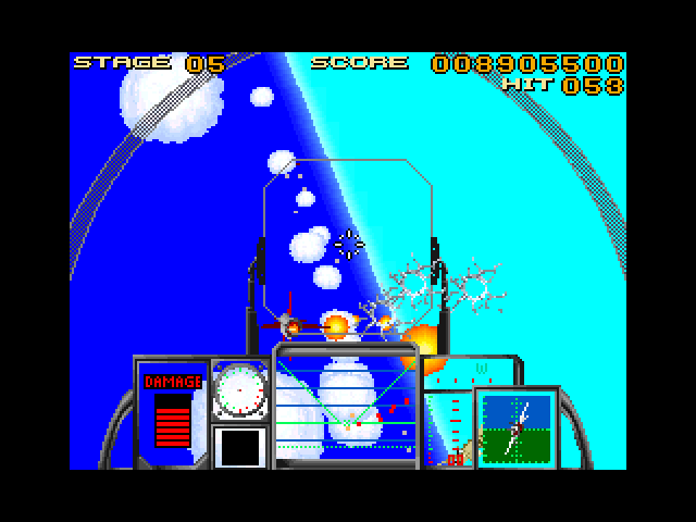After Burner III (FM Towns) screenshot: Your craft is taking more and more visible damage