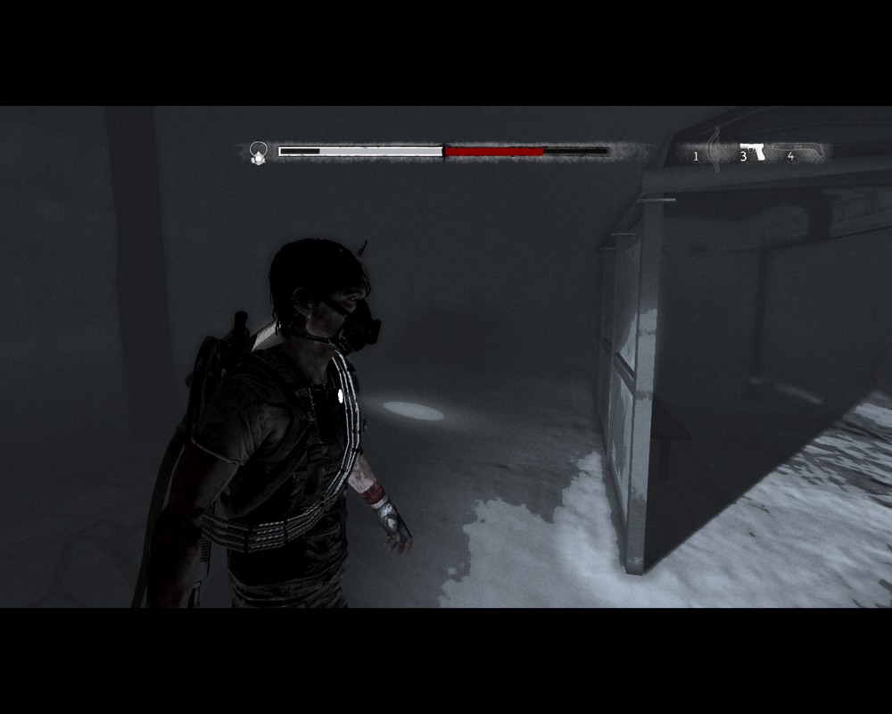 I Am Alive (Windows) screenshot: On the streets at night. Now with a gas mask (thankfully)