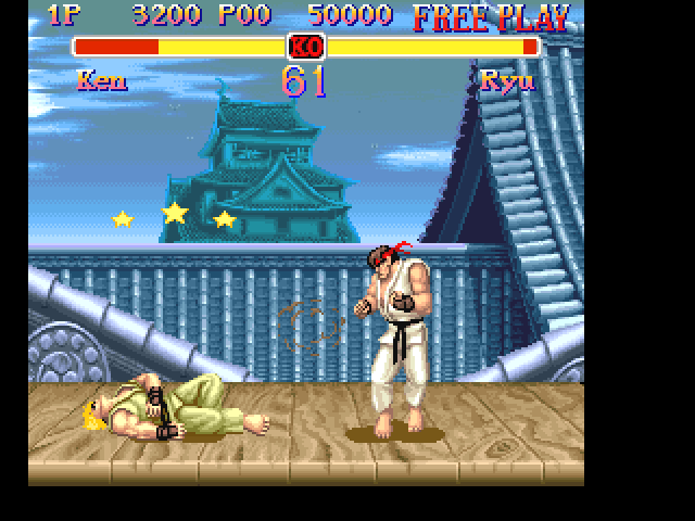 Super Street Fighter II (FM Towns) screenshot: Again the famous Ken vs. Ryu match-up - this time in Japan. How are you feeling, Ken? Had too much sushi? Hehehe...