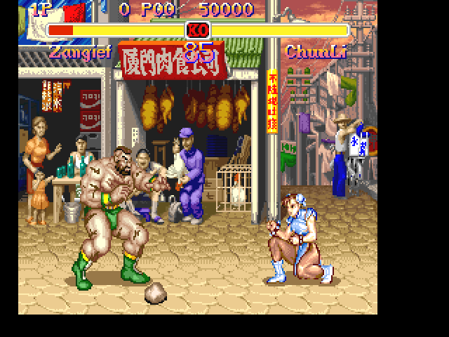Super Street Fighter II (FM Towns) screenshot: Busy street in China. Zangieff is no match for Chun Li...
