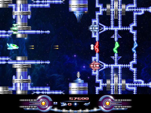 Armalyte (Windows) screenshot: Find the source to the laser beams to deactivate them.