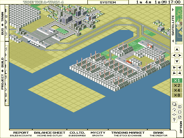 Take the A-Train IV (FM Towns) screenshot: This city looks weird. Trains mainly transport goods