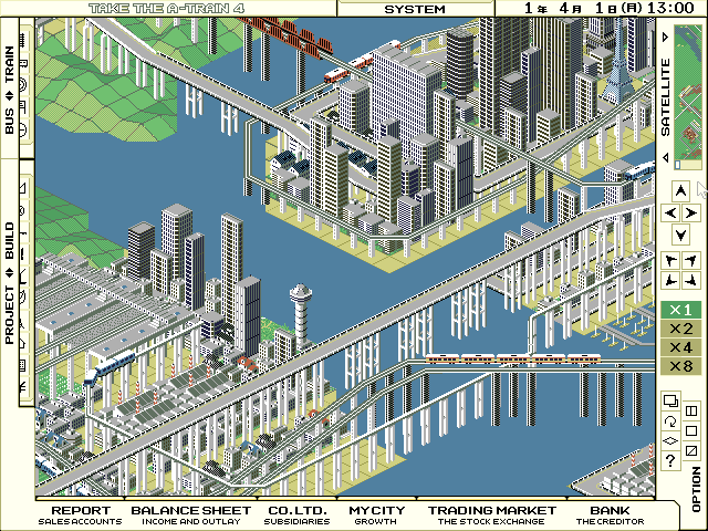 Take the A-Train IV (FM Towns) screenshot: A large, futuristic city during the day...