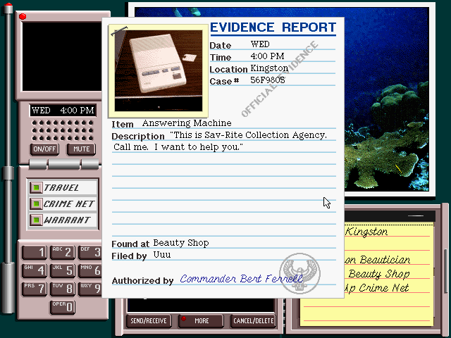 Where in the World Is Carmen Sandiego? (Deluxe Edition) (FM Towns) screenshot: Evidence report