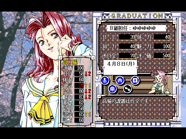 Sotsugyō (FM Towns) screenshot: So far, so good - she looks happy, stats are rising and falling...