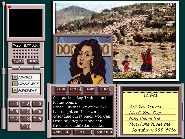 Where in the World Is Carmen Sandiego? (Deluxe Edition) (FM Towns) screenshot: You pull out a suspect dossier in Bolivia