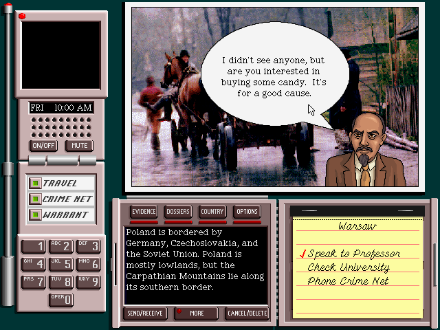 Where in the World Is Carmen Sandiego? (Deluxe Edition) (FM Towns) screenshot: This Polish professor looks suspiciously similar to Lenin!