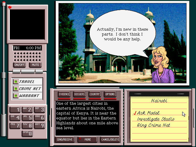 Where in the World Is Carmen Sandiego? (Deluxe Edition) (FM Towns) screenshot: What are the chances you'll run into a blonde model in Kenya?