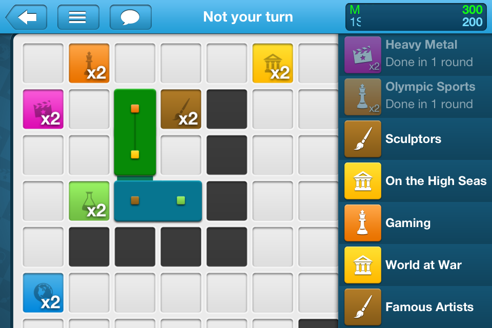 Quizboard (iPhone) screenshot: Board game layout after both players has taken one turn