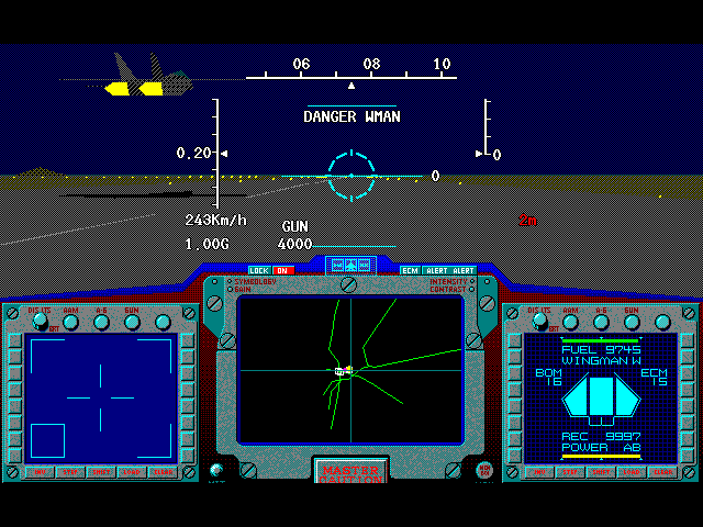 Air Combat II Special (FM Towns) screenshot: Your wingman is under fire