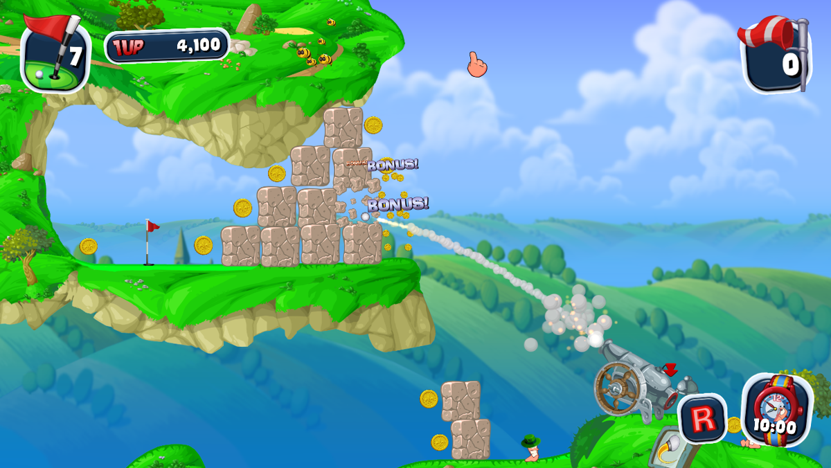 Worms Crazy Golf (Windows) screenshot: Smashing through some bricks.