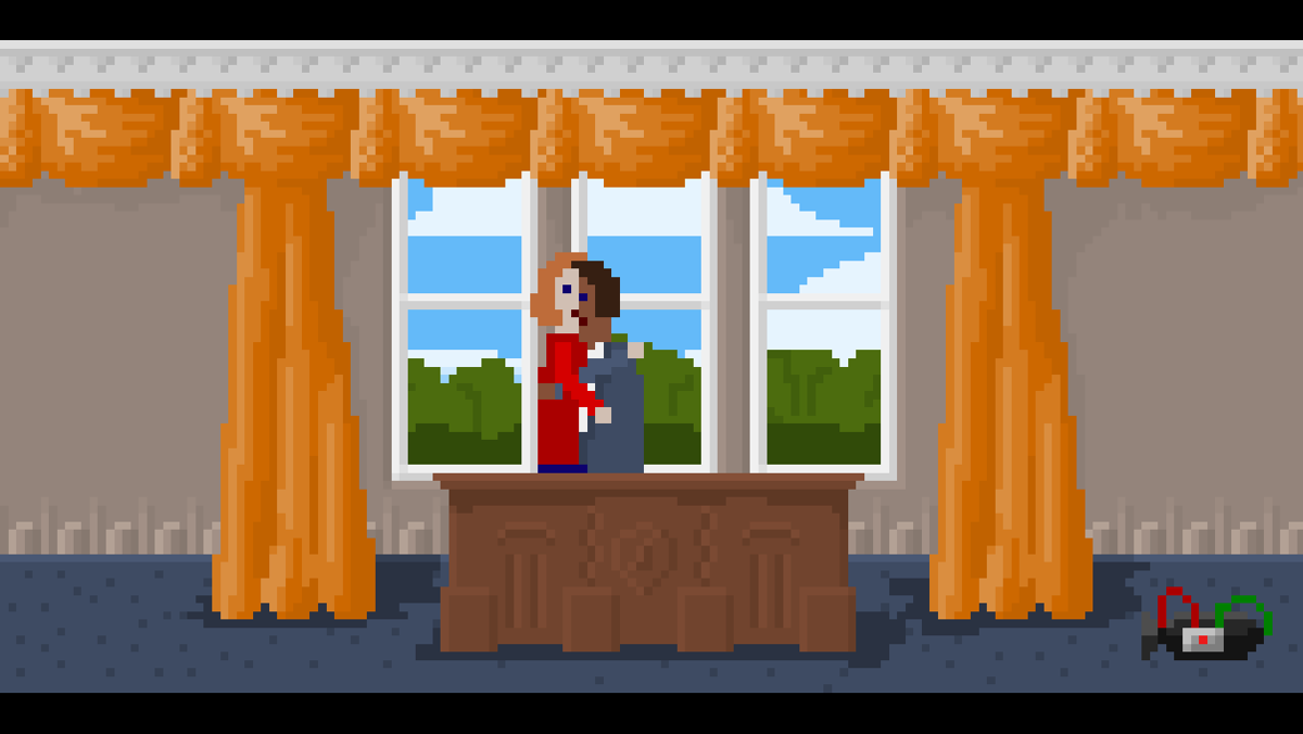 McPixel (Windows) screenshot: Making out with Barack Obama (really).