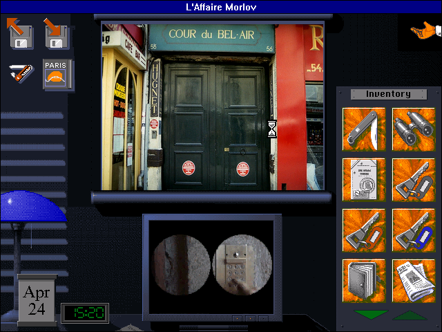 The Morlov Affair (Windows 16-bit) screenshot: Using the binoculars to get the entrance code to Irina's building.