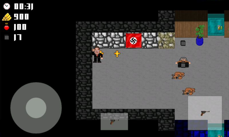 Vogelstein 2D (Android) screenshot: Shoot dogs and soldiers, collect treasure; it's all very familiar.