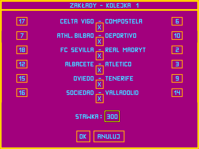 Pol-Gol! (DOS) screenshot: Sports betting